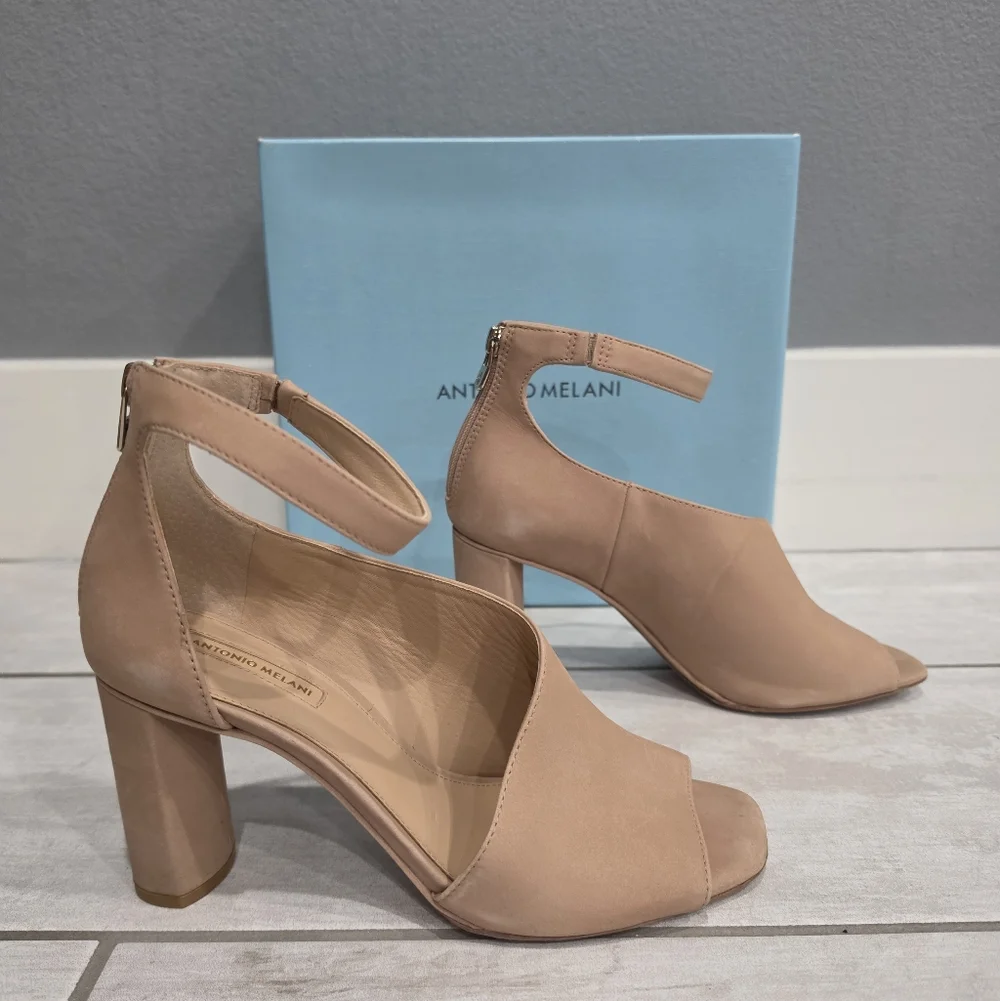 ANTONIO MELANI Ehren Blush Nude Modern Taupe Peep-Toe Block Heel Sandals